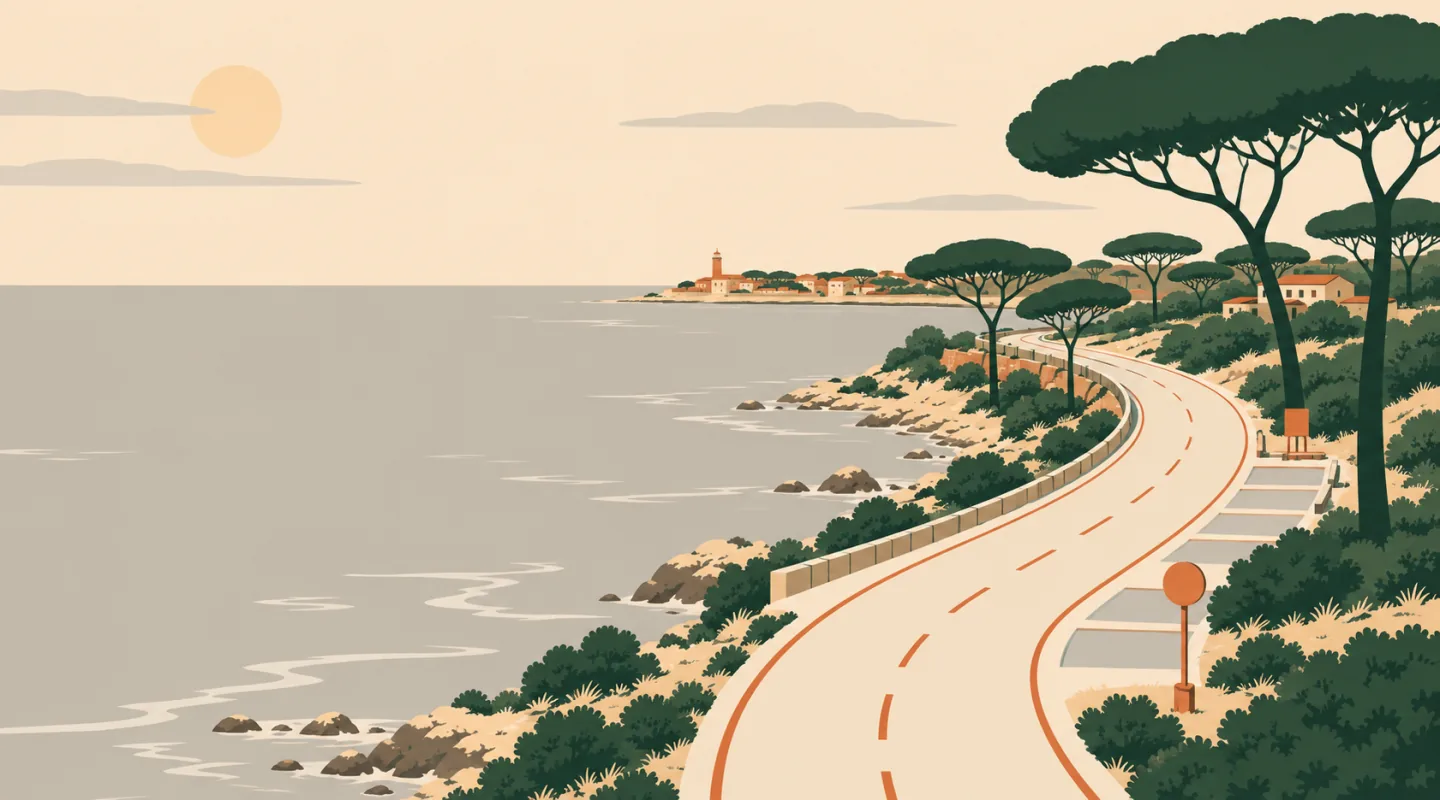 Illustrazione di una strada costiera che scende fra i pini domestici e il mare, con stalli di sosta segnati lungo il margine