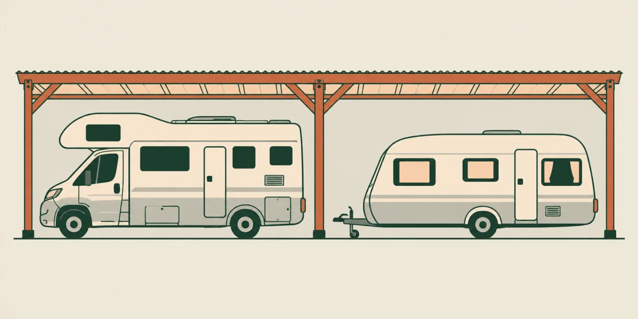 Disegno in sezione di un camper e di una caravan ricoverati sotto una tettoia aperta sui lati