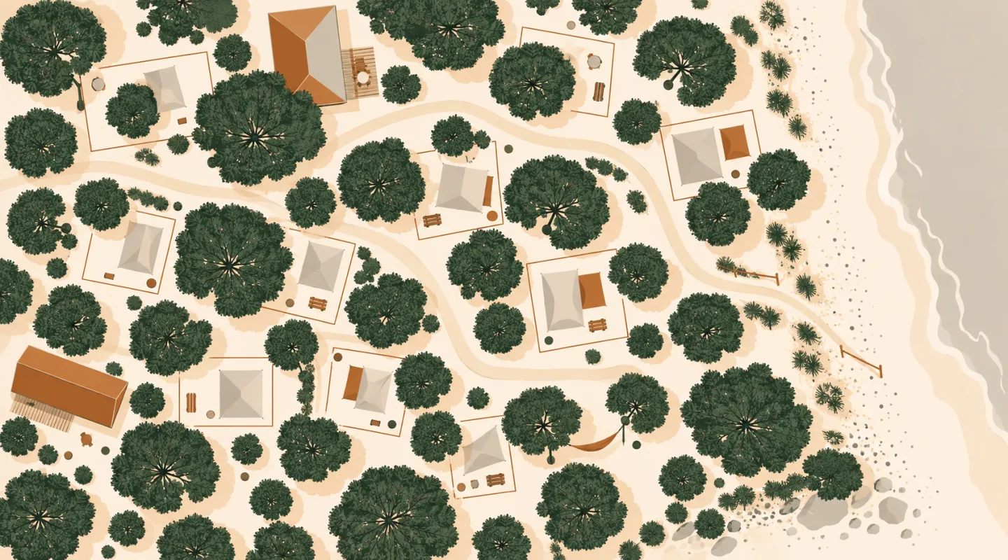 Pianta schematica di un campeggio in pineta vista dall'alto: piazzole segnate sotto le chiome dei pini, viali interni e il margine della spiaggia