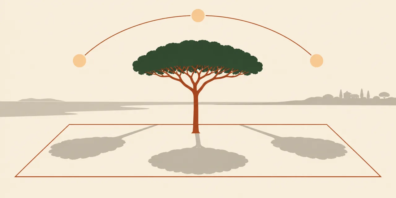Schema dell'ombra di un pino domestico che si sposta su una piazzola in tre momenti della giornata, sotto l'arco del percorso del sole
