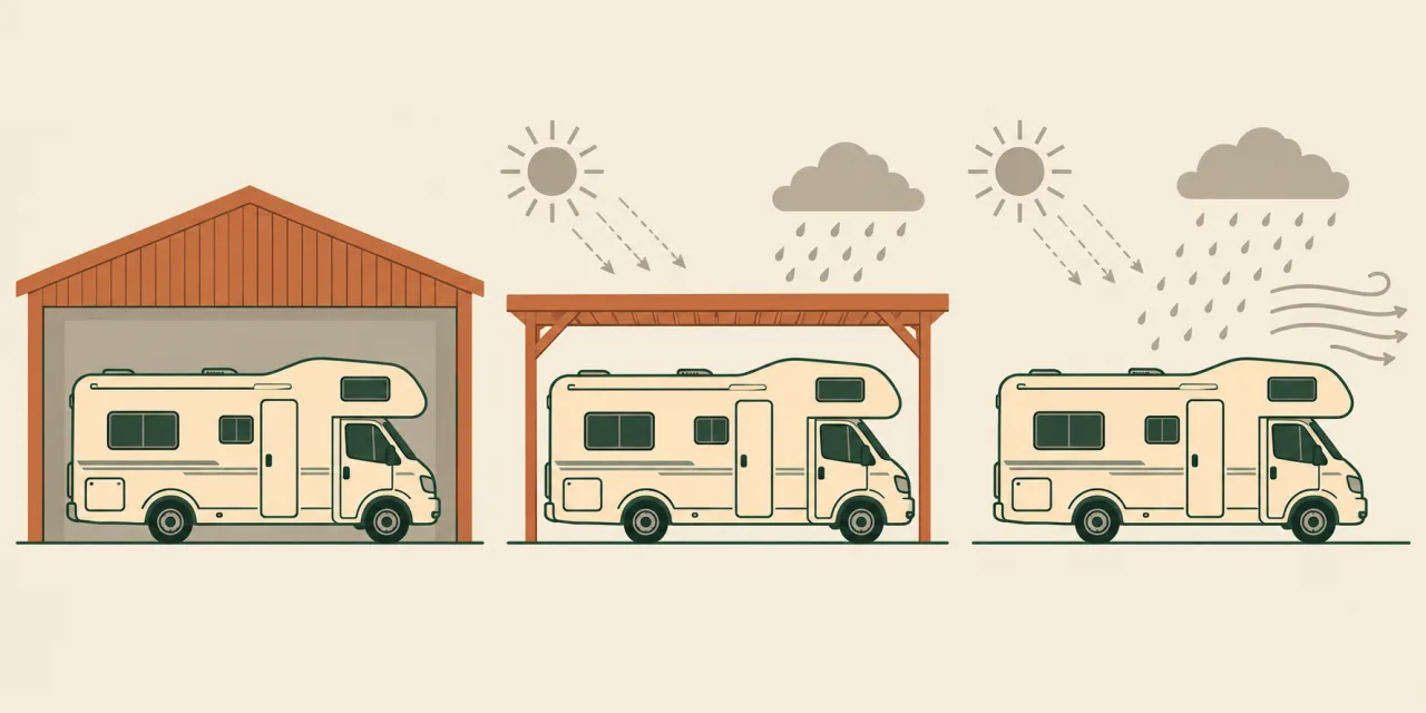 Confronto dello stesso camper ricoverato in un capannone chiuso, sotto una tettoia e all'aperto, con i simboli di sole, pioggia e vento