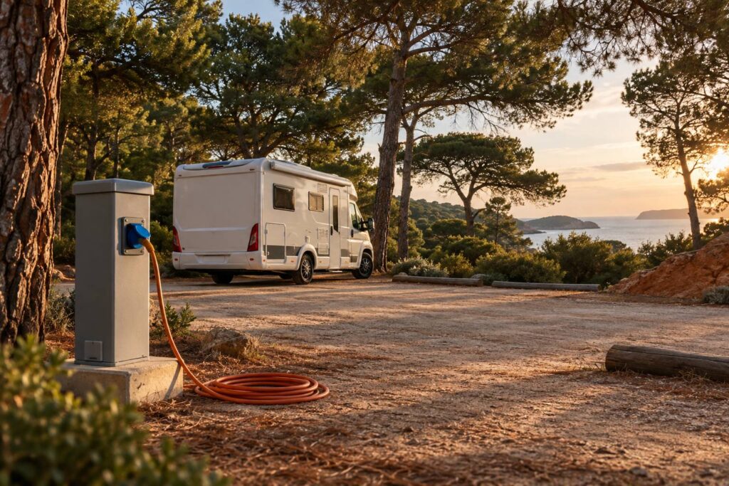 Aire de camping-car en pinede avec borne electrique et cable orange