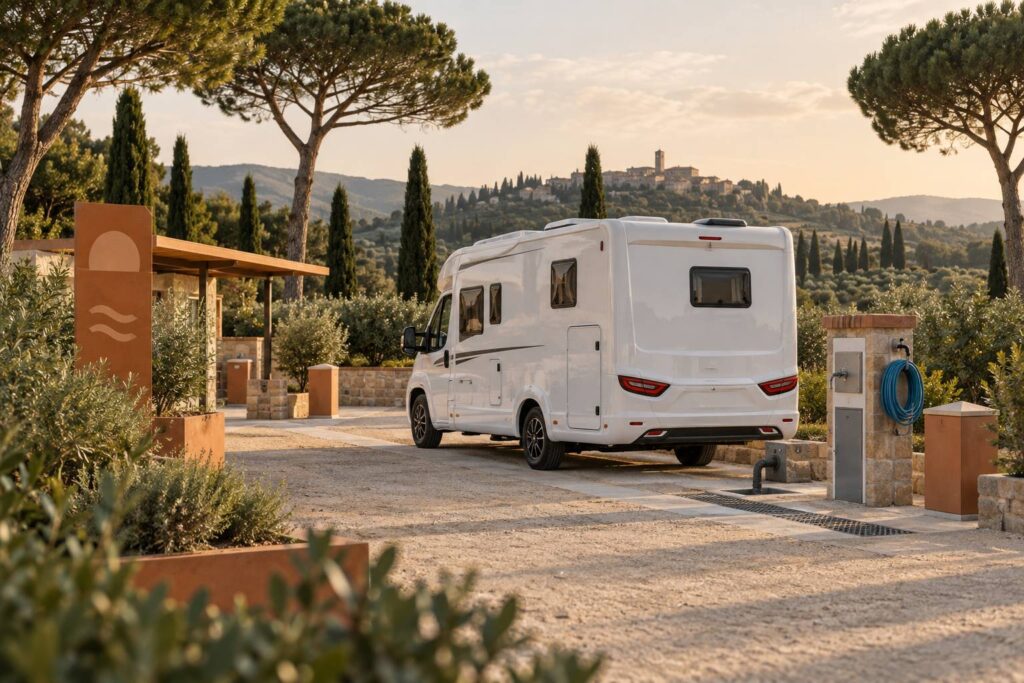 Illustration éditoriale du sujet : Camper service a Livorno: dove scaricare e fare acqua