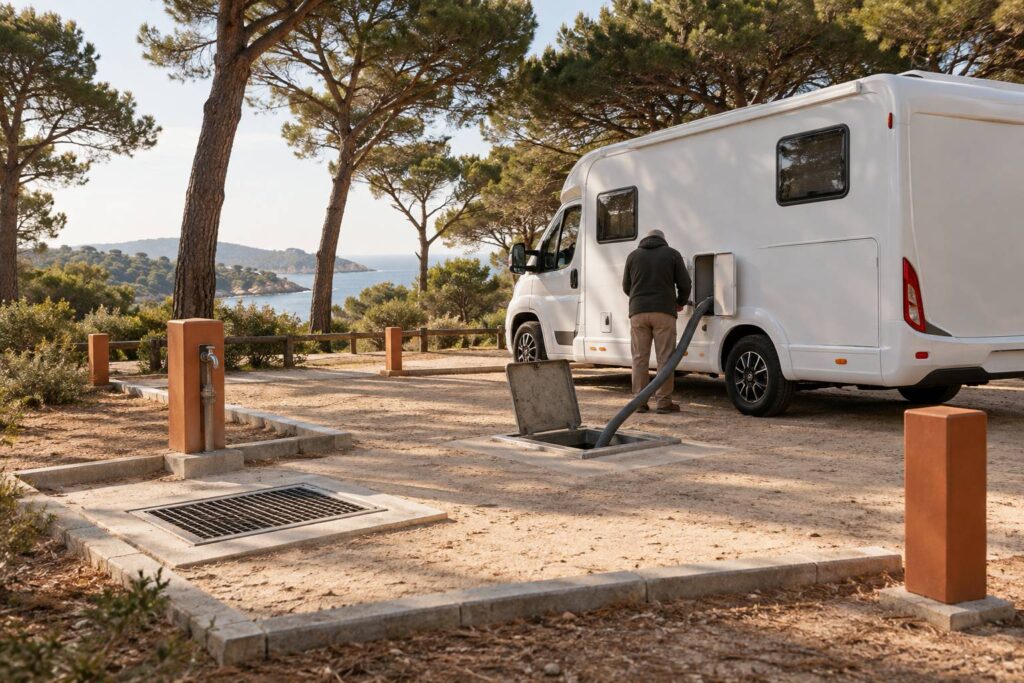 Illustration éditoriale du sujet : Camper service: come funziona lo scarico delle acque nere