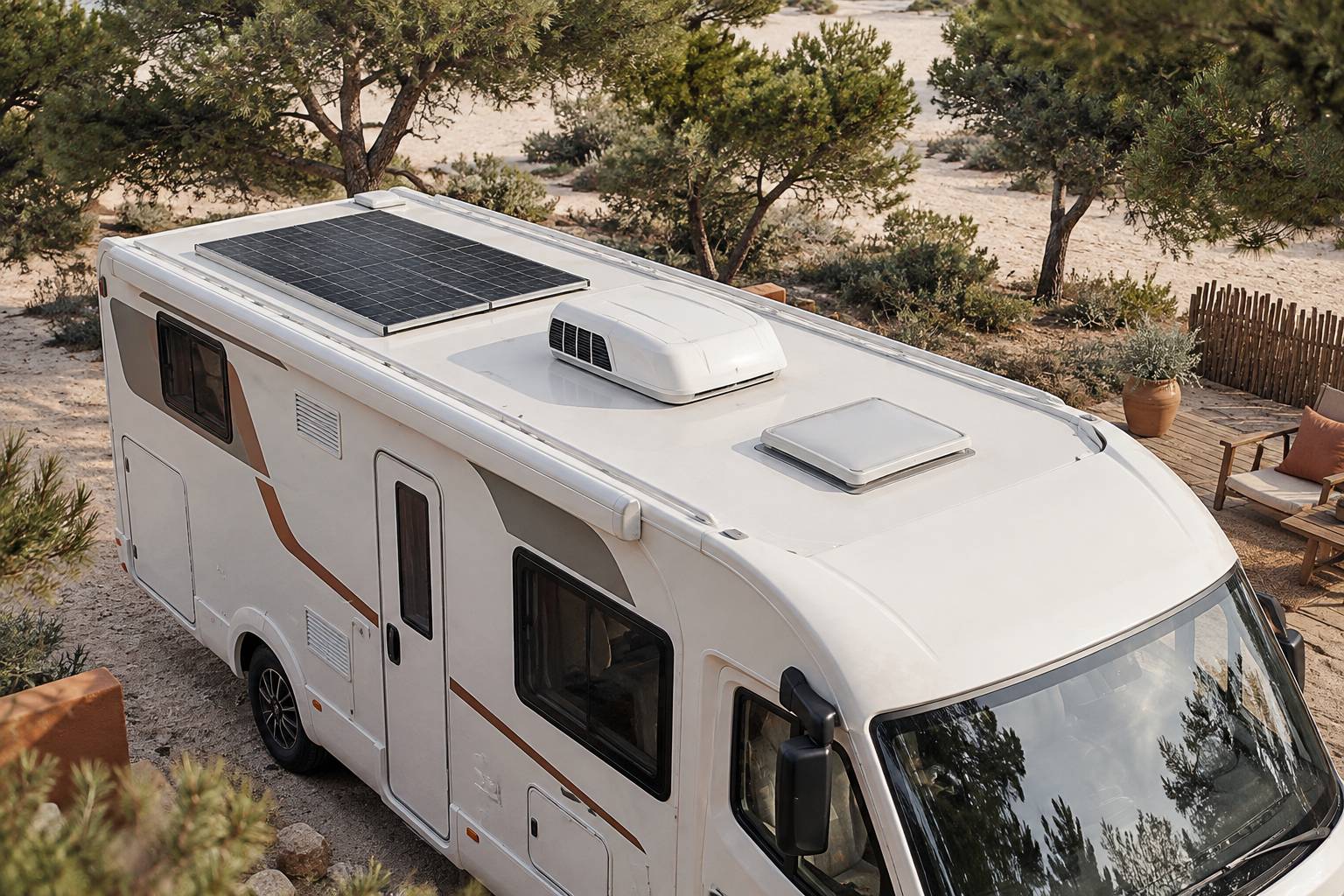 Toit de camping-car avec climatiseur, lanterneau et panneau solaire