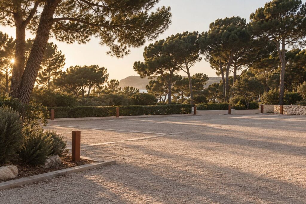 Emplacement de stationnement delimite en lisiere de pinede