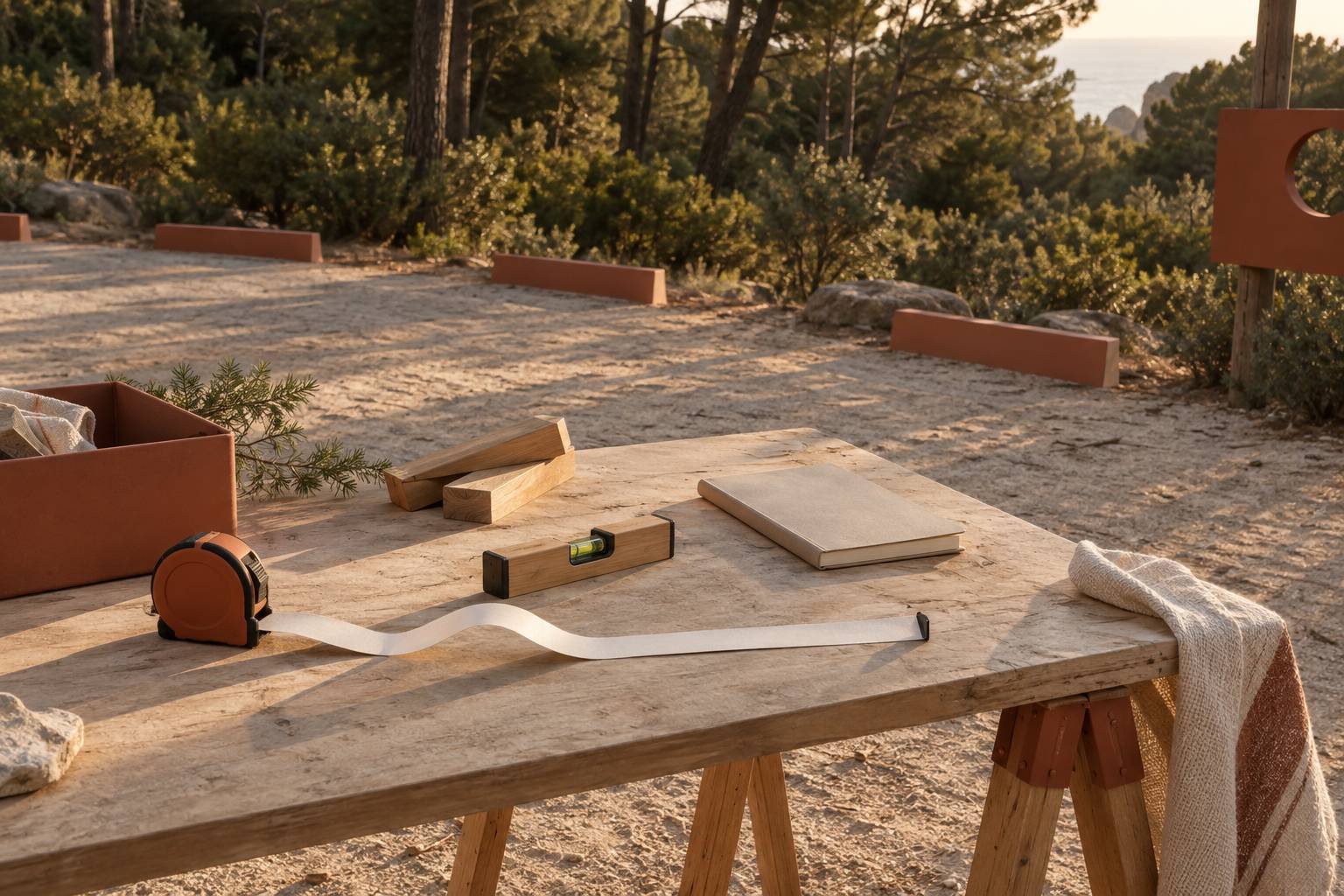 Double-metre, niveau et cales en bois sur un plan de travail