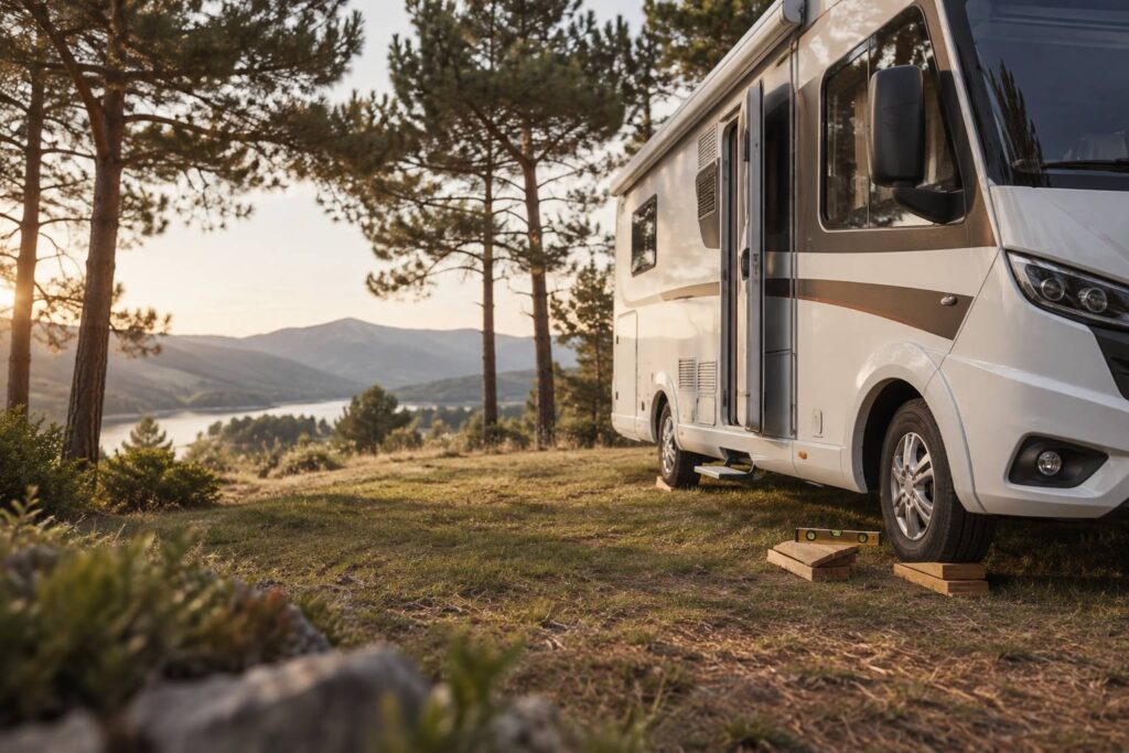 Camping-car generique sur un emplacement herbeux avec cales de nivellement