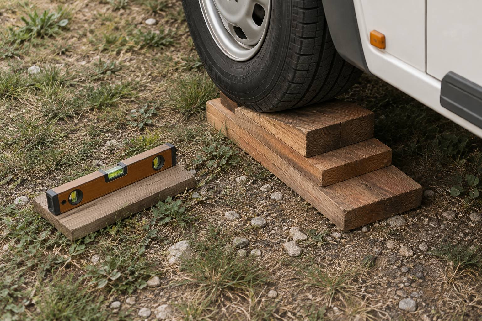 Cales de nivellement en bois et niveau a bulle poses sous une roue
