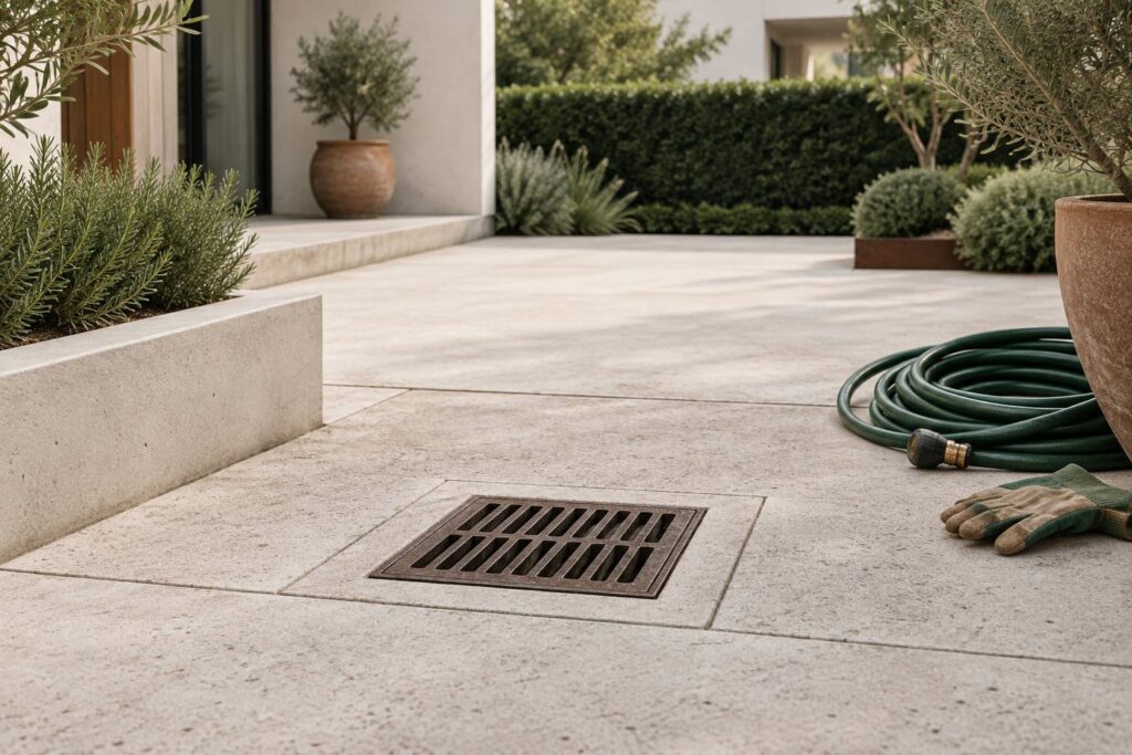 Regard de drainage en fonte dans une cour avec gants de jardin posés