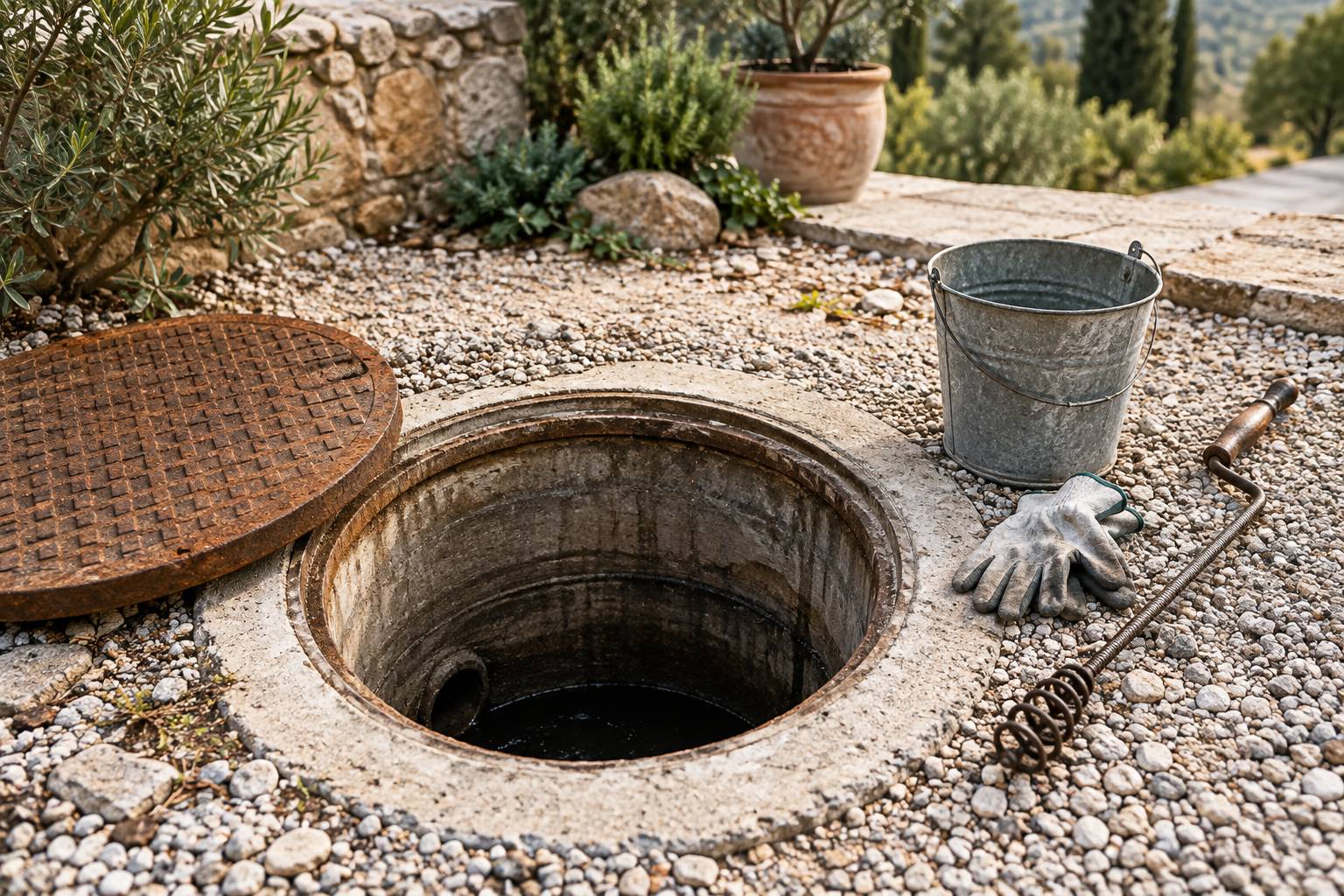 Regard de drainage ouvert avec cure-drain et seau à côté