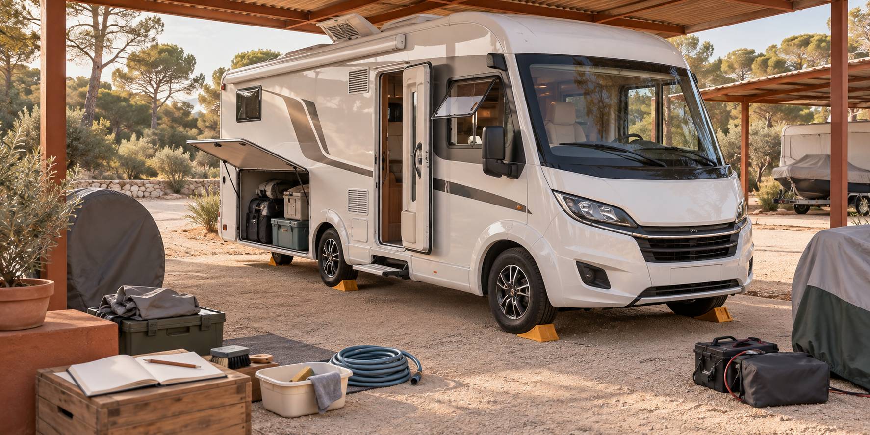 Illustration éditoriale du sujet : Rimessaggio camper: cosa fare prima di lasciarlo per mesi