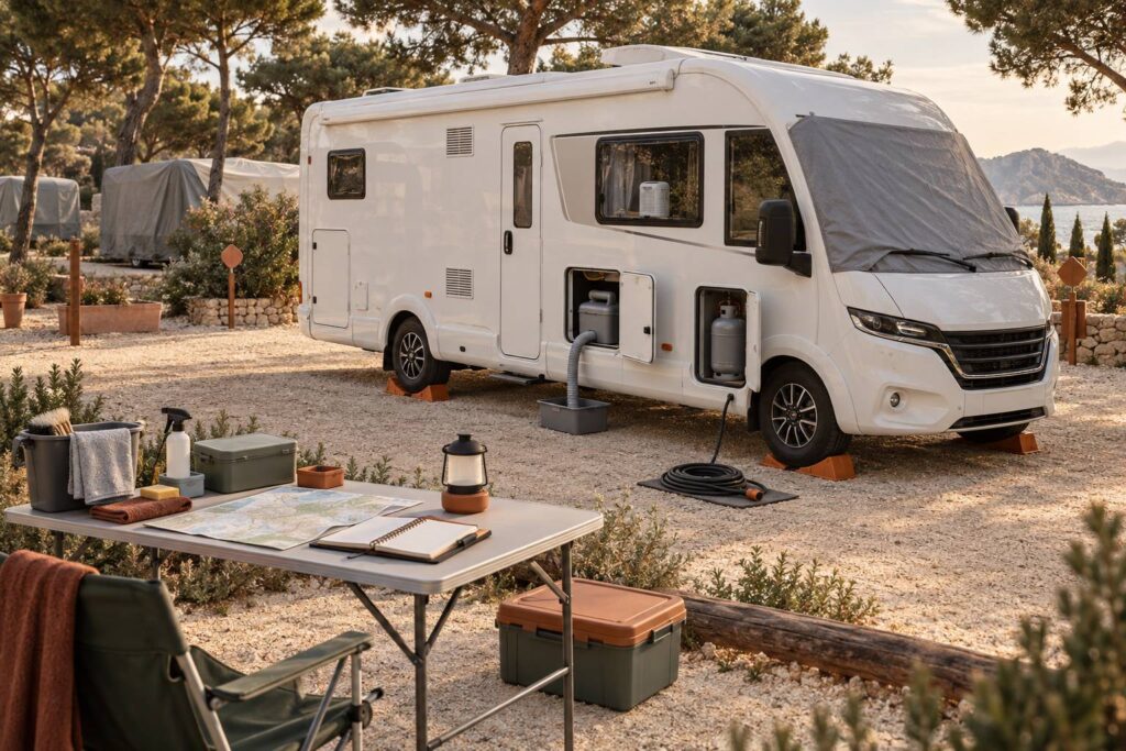 Illustration éditoriale du sujet : Rimessaggio camper: cosa fare prima di lasciarlo per mesi
