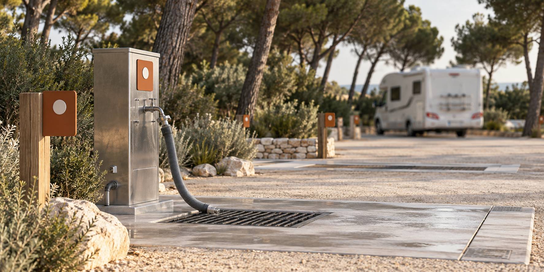Camping-car generique sur une aire de services en plein air