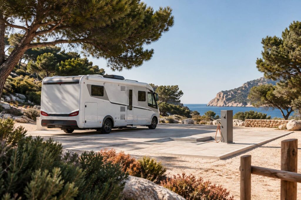 Camping-car generique sur une aire de services en plein air
