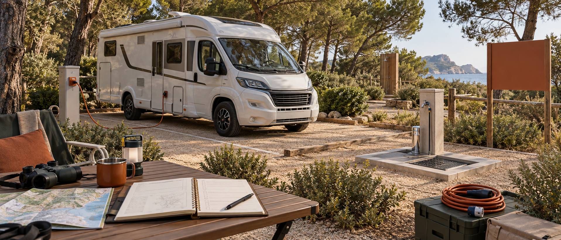 Illustration éditoriale du sujet : Sosta camper in area attrezzata: cosa include davvero la tariffa