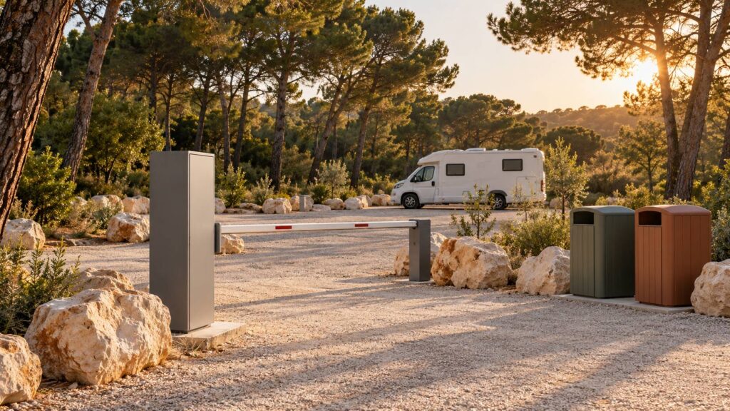Aire de stationnement gravillonnée avec borne de paiement et camping-car au fond