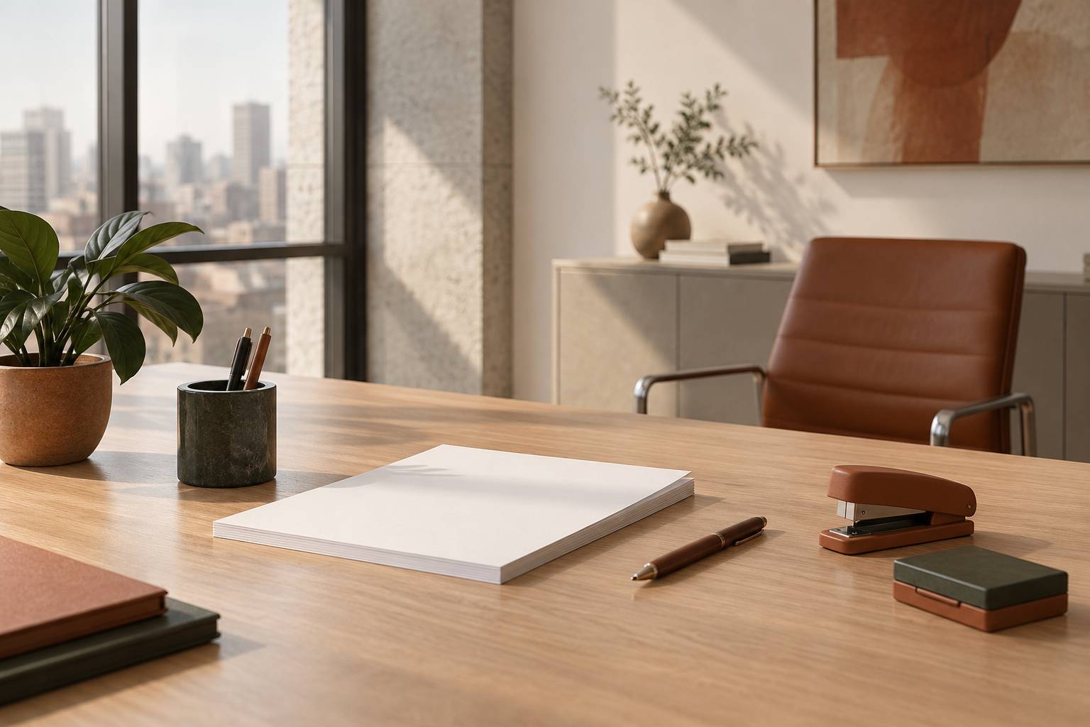Bureau administratif sobre avec feuilles, stylo et tampon encreur