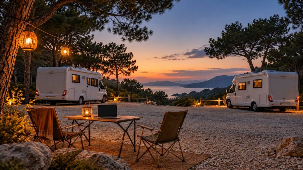 Aire de camping-car en lisière de pinède au crépuscule avec table pliante et ordinateur éteint
