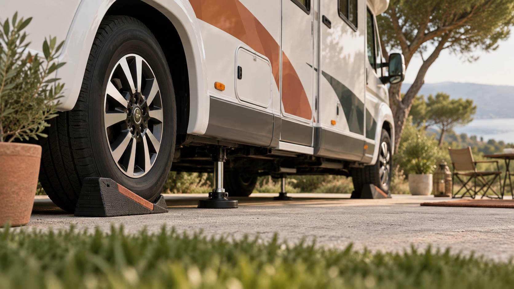 Roues d'un camping-car stationne avec cales rangees a cote