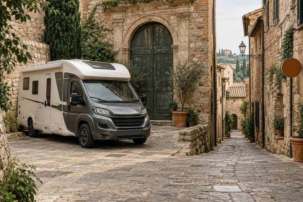 Camping-car generique stationne a l'entree d'une ruelle de centre historique