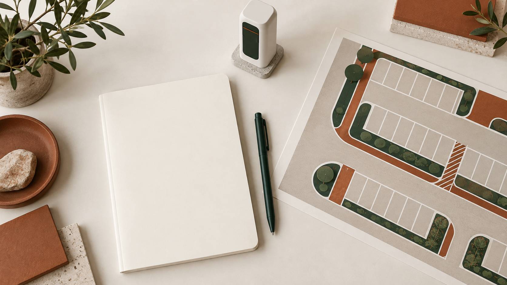 Carnet vierge et borne neutre sur un plan de travail