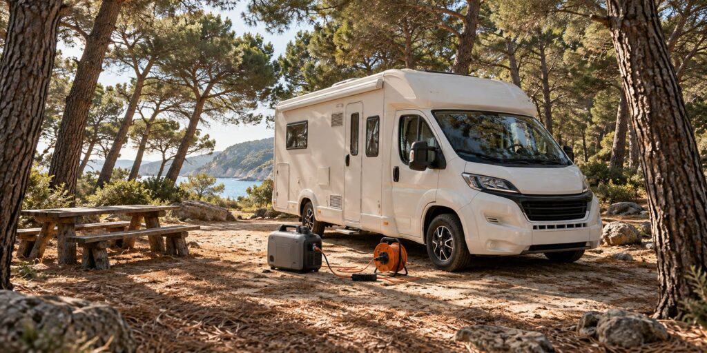 Camping-car garé en sous-bois avec groupe électrogène portatif et enrouleur de câble