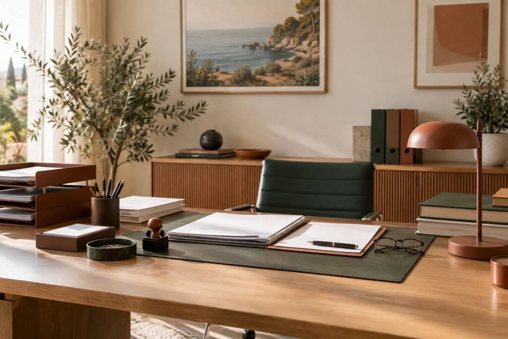 Bureau administratif avec documents officiels empiles, tampon et lunettes