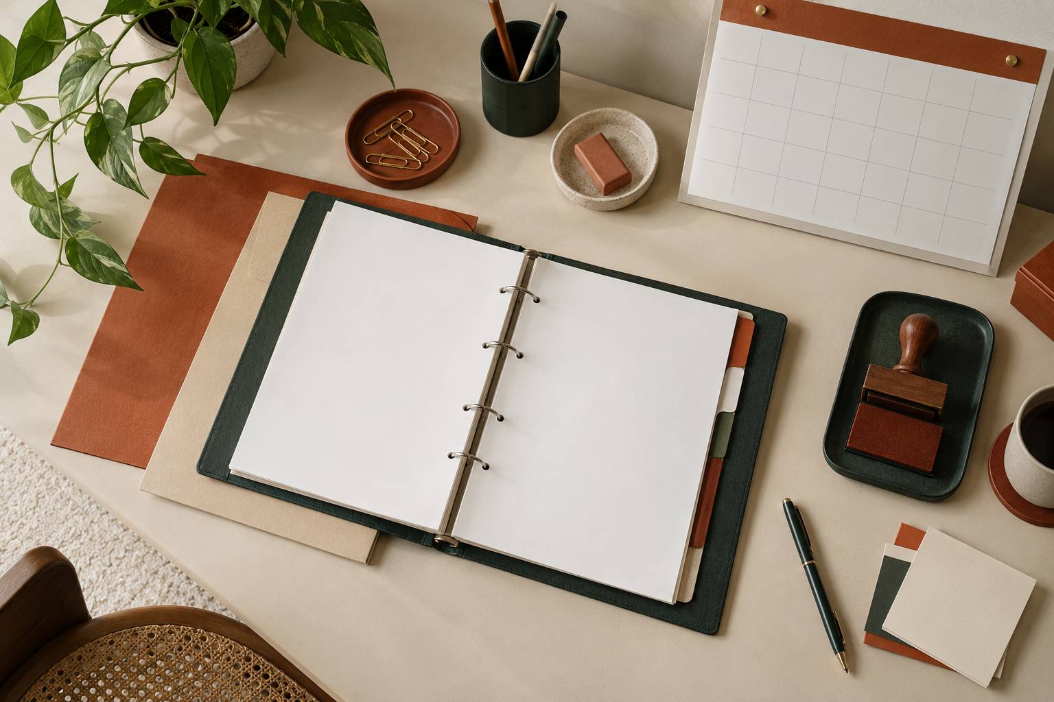 Table de travail avec classeur, chemises et calendrier vierge sans texte