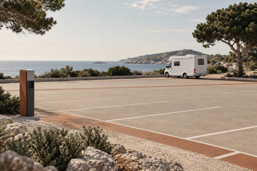 Aire de stationnement en plein air avec camping-car générique