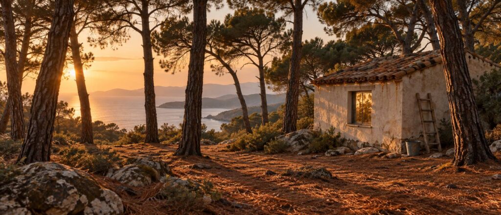 Pinède au coucher du soleil avec toit de tuiles et vitre couverts de résine ambrée