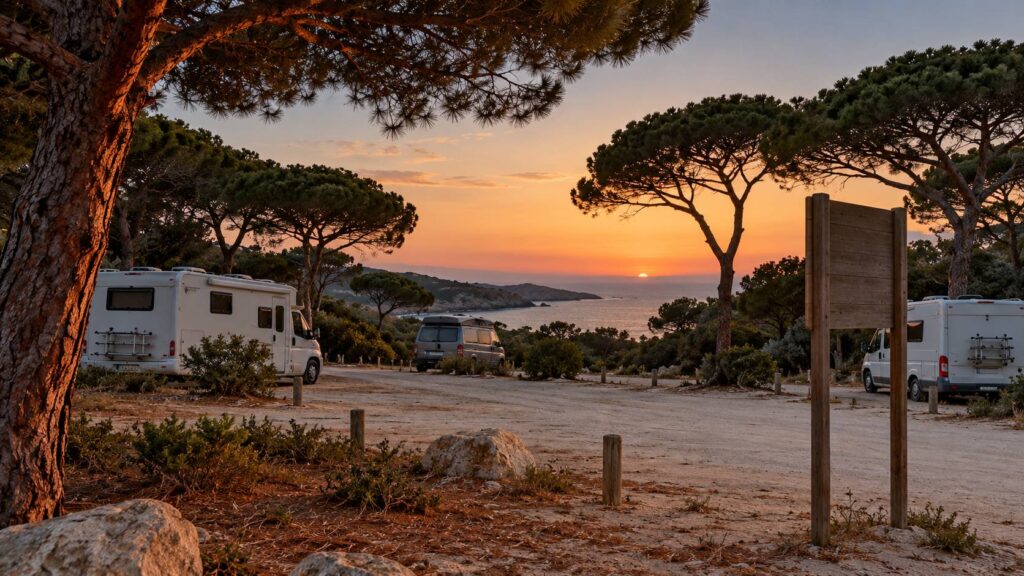 Aire de camping-cars en pinède au crépuscule avec panneau de signalétique