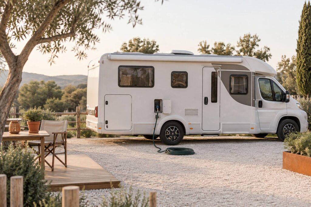Camping-car generique avec trappe d'eau ouverte et tuyau pose au sol