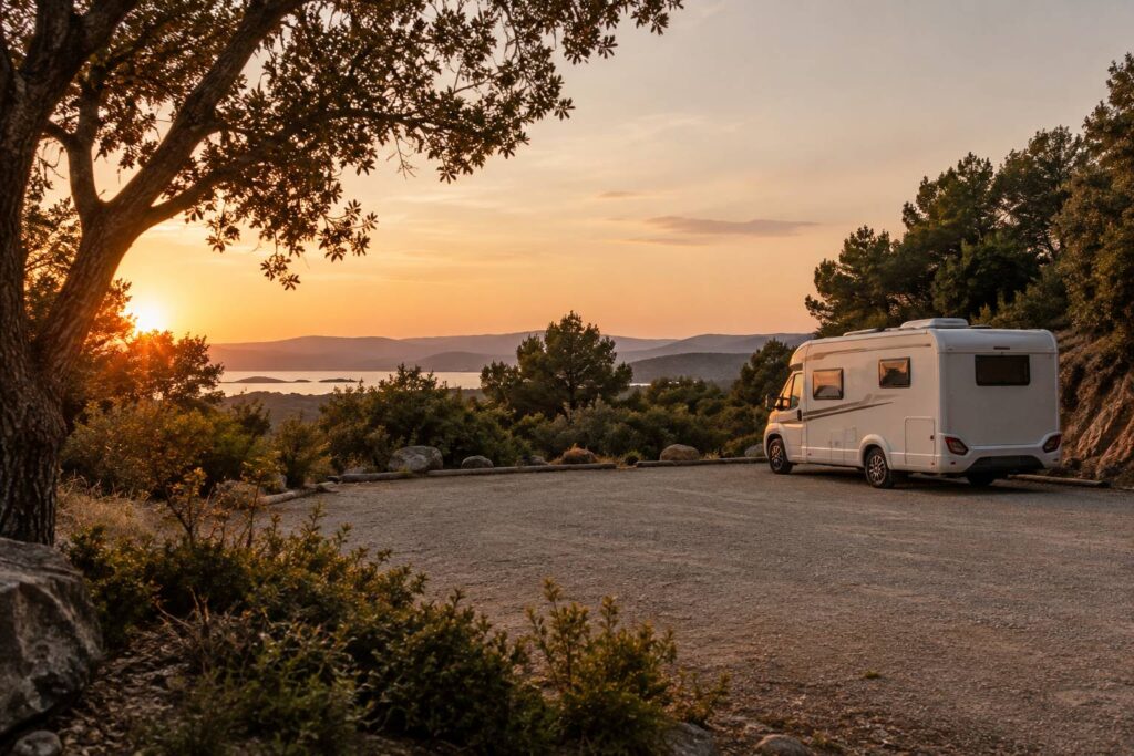 Camping-car neutre gare sur une aire de stationnement en bord de nature