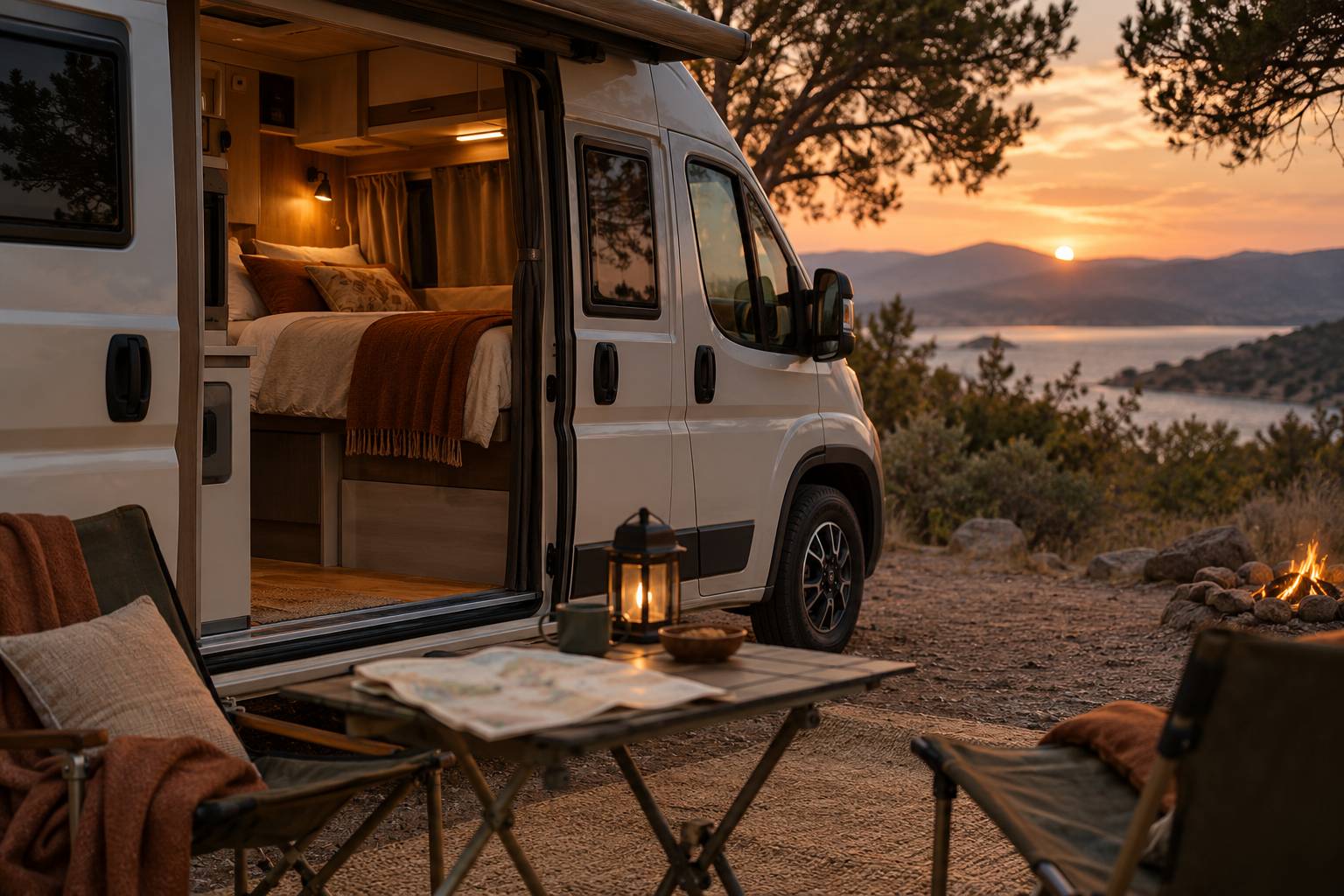 Coin nuit amenage d'un camping-car avec lit fait et luminaire